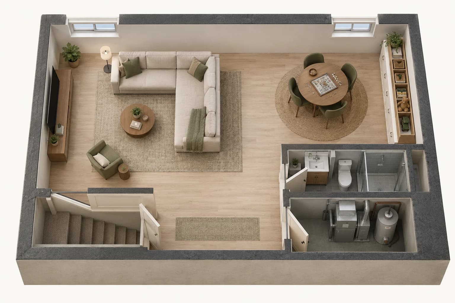 Furnished basement concept with a sectional facing a television, a games table, wall storage, stairs, a bathroom and a separate mechanical room