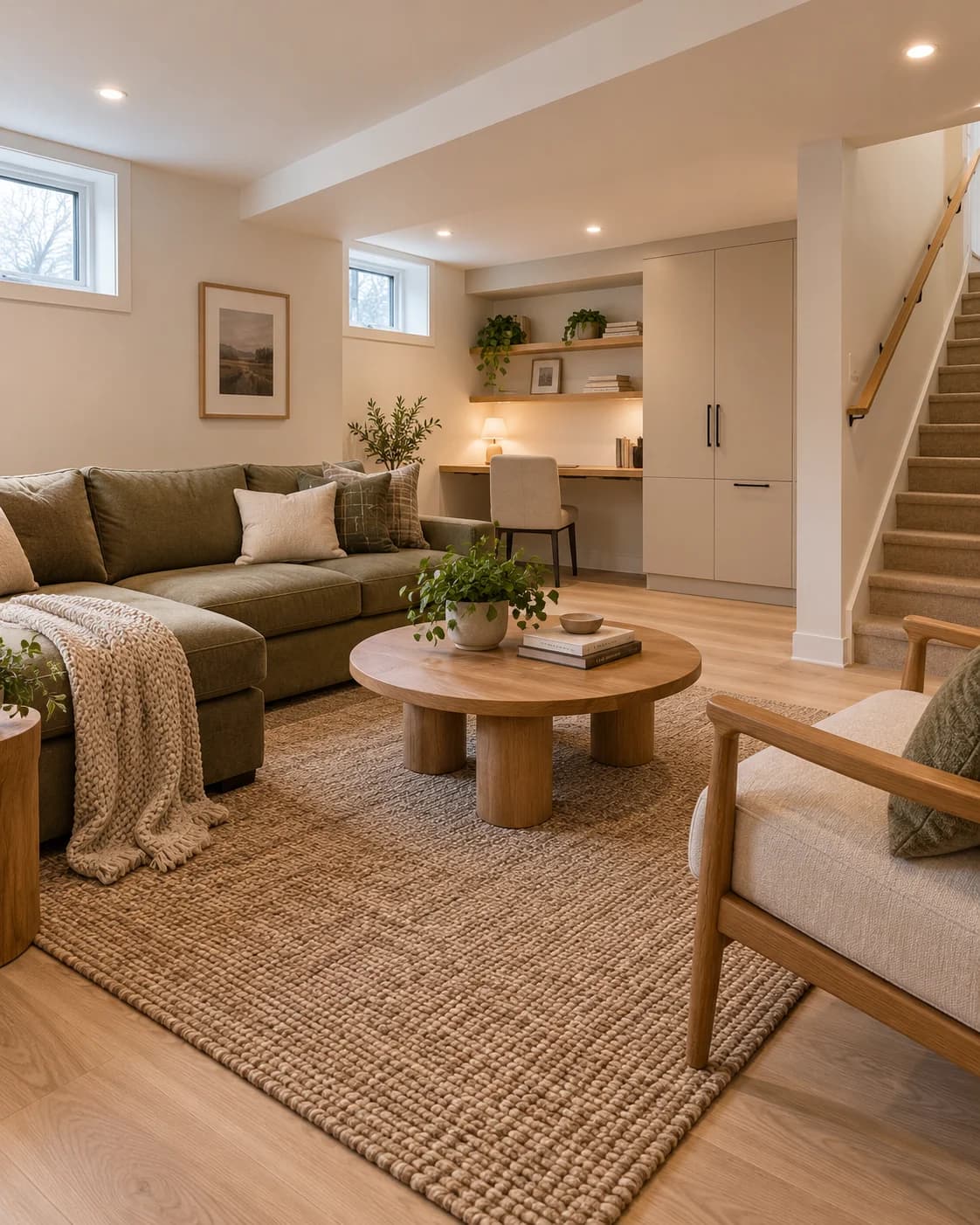 Basement design inspiration with an olive sofa, oak coffee table, built-in desk and storage, and a finished staircase