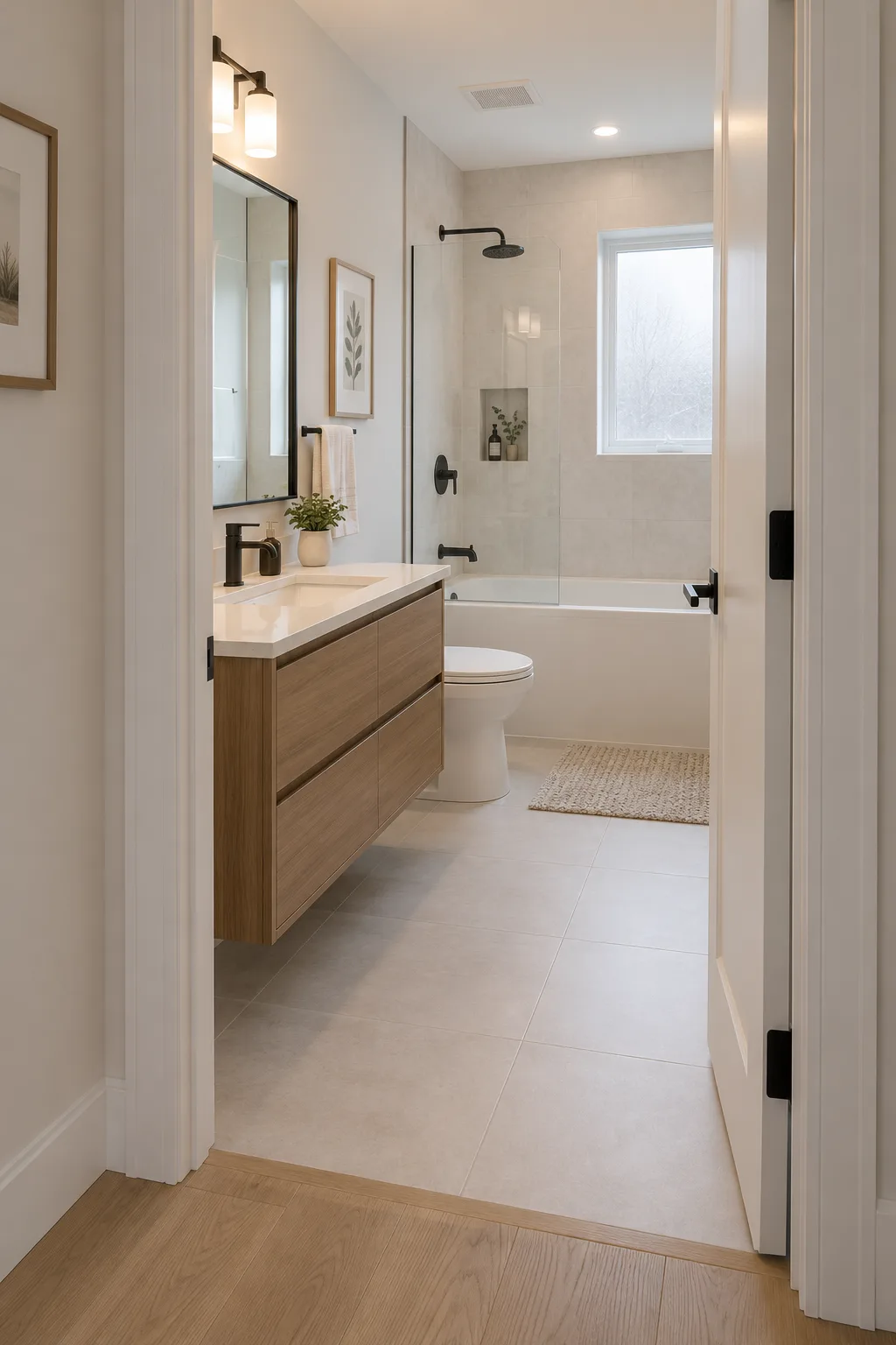 Renovated bathroom with large porcelain floor tile, tiled tub surround, wood floating vanity and new white trim